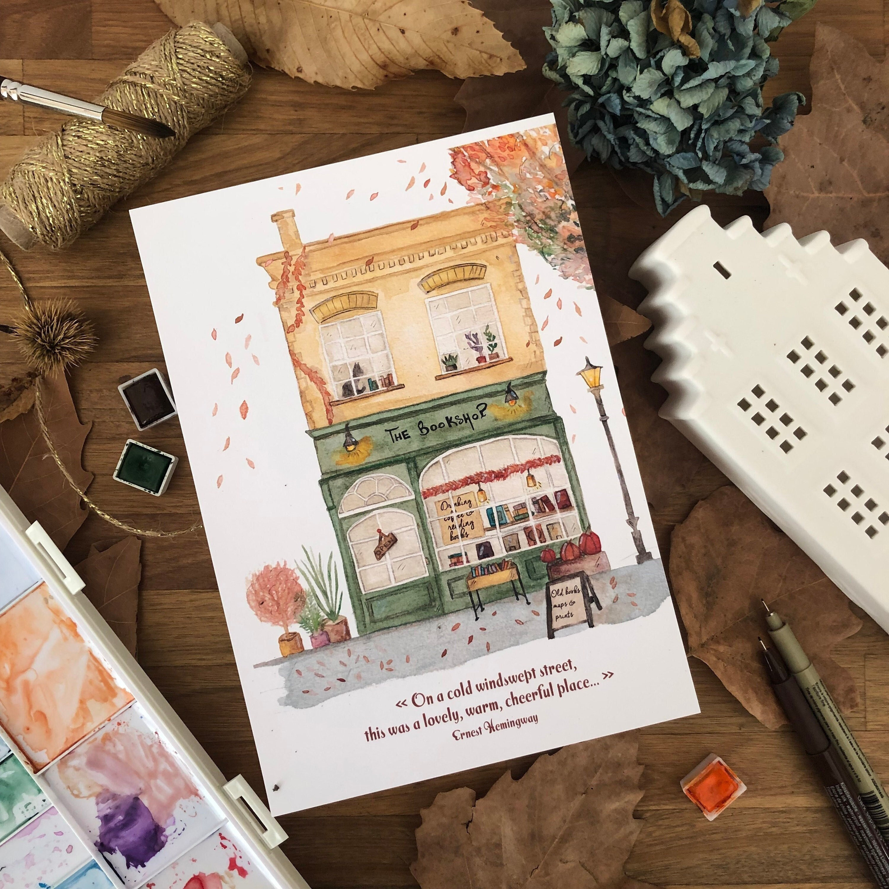 Cozy Autumn Watercolor Illustration - The Bookstore, Hemingway Quote - Postcard, Poster, Reproduction