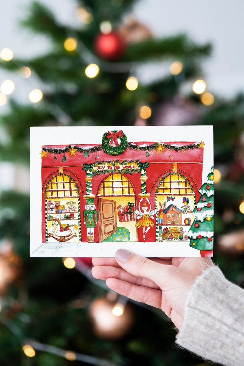 Illustration de Noël à l'aquarelle Carte Magasin de jouets Affiche, carte de voeux, cadeau de Noël image 2