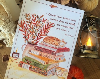 Illustration les livres d’Automne - Pile a lire et chat - Aquarelle cosy, cottage core décorative saisonnière - Carte postale, affiche