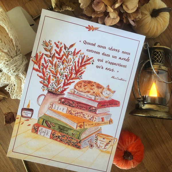 Illustration les livres d’Automne - Pile a lire et chat - Aquarelle cosy, cottage core décorative saisonnière - Carte postale, affiche