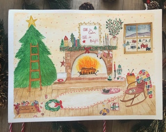 Illustration de Noël, carte de vœux cosy, cottage core, cadeau fêtes de fin d’année