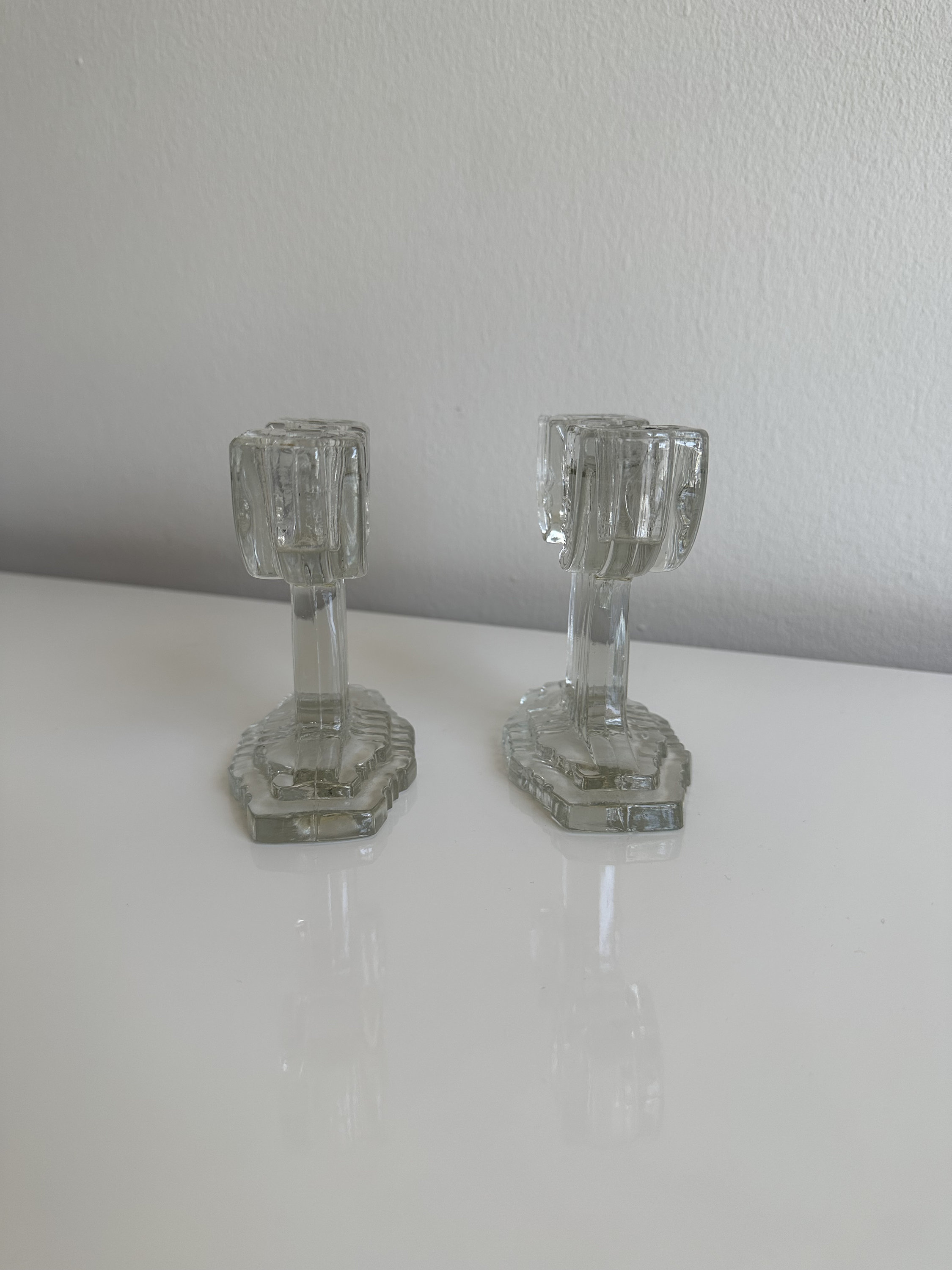 White Depression Glass Candel Holder Pair of Art Deco Depression Glass Candle Stick Holders - 1930s-1940s