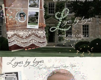 Kit di collage vintage a tecnica mista per junk journal, scrapbooking e journaling digitale.