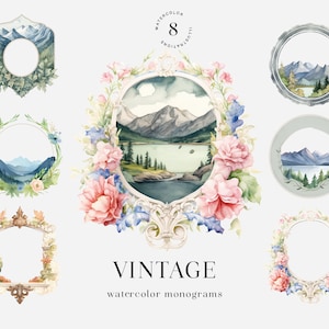 Vintage Aquarell Monogramm, Hochzeitswappen, Event Briefpapier, Hochzeitseinladung Wappen, Aquarell Berge Logo. Digitales Briefpapier