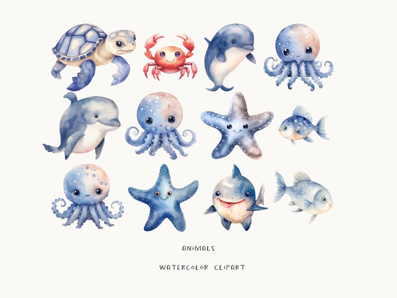 Puede incluir: Clipart de acuarela con una variedad de lindas criaturas marinas, incluyendo una tortuga, un cangrejo, un delf&iacute;n, un pulpo, una estrella de mar y un pez. Las ilustraciones est&aacute;n en tonos de azul y gris con algunos acentos rosados.