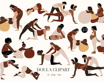 Op de afbeelding: Een digitale illustratie van 23 verschillende poses van een doula die een zwangere persoon tijdens de bevalling assisteert. De illustraties zijn in een minimalistische stijl met bruine, beige en witte kleuren.