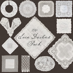 May include: A collection of white lace doilies in various shapes and sizes, including round, square, and diamond. The image features a variety of intricate lace patterns, with the text "24 Lace Doilies Pack" in the center. The doilies are set against a dark brown background.
