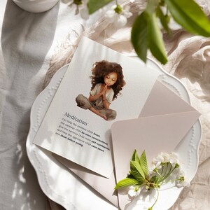 May include: A white card with a watercolor illustration of a young girl meditating. The card has the word "Meditation" and a description of the benefits of meditation for children.