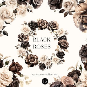 Schwarze Rosen Clipart. Aquarell Blumen PNG Kunst. Weiße Rose Blumen Blumensträuße Clipart. Weiße und schwarze Rosen. Digitale Clipart PNG