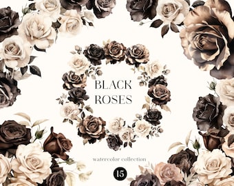 Watercolor Black Roses Clipart: Floral PNG Art (Digital Download)