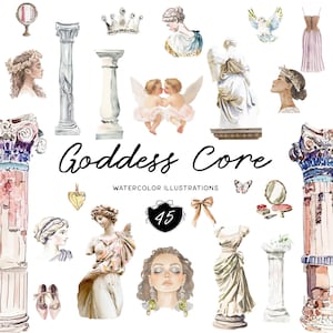 Ensemble de clipart aquarelle de base de déesse – téléchargement numérique de la mythologie grecque pour faire-part de mariage et image de marque