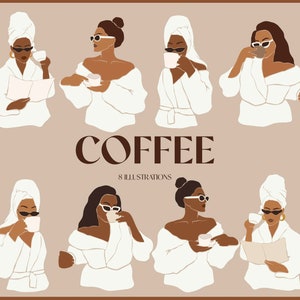 Retrato de mujer abstracta con clipart de taza de café. Impresión digital femenina. Mujer africana SVG, tonos tierra. Conjunto de ilustraciones abstractas de moda.