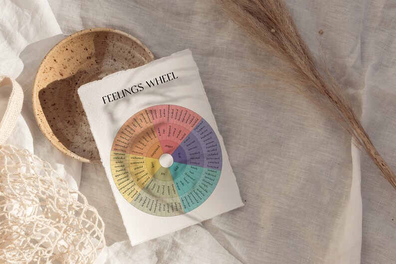 May include: A white card with the text "Feelings Wheel" printed at the top. The card features a colorful wheel with a list of emotions and feelings around the perimeter.