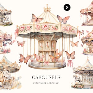 Aquarelle carrousel Clipart, cheval de manège PNG, art de chambre d'enfant carrousel, clipart carnaval, clipart anniversaire poney, baby shower chevaux