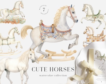 Watercolor Rocking Horse Clipart: Nursery Art Illustrations (PNG Files)
