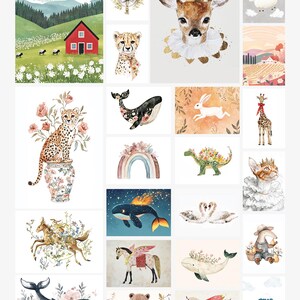 May include: A collection of 20 watercolor illustrations featuring various animals, including a deer, a cheetah, a giraffe, a whale, a horse, a bear, a unicorn, a rabbit, a swan, a dragon, a sheep, and a house. The illustrations are all in a whimsical style and feature bright colors.