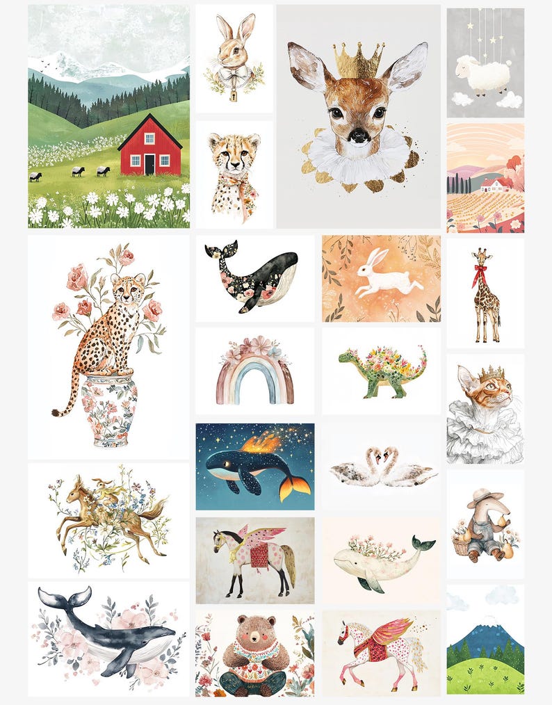 May include: A collection of 20 watercolor illustrations featuring various animals, including a deer, a cheetah, a giraffe, a whale, a horse, a bear, a unicorn, a rabbit, a swan, a dragon, a sheep, and a house. The illustrations are all in a whimsical style and feature bright colors.