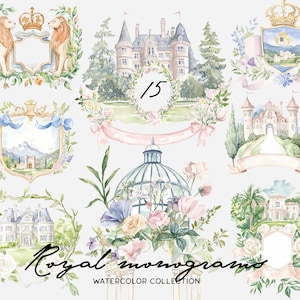 Koninklijke monogrammen, aquarel trouwwapens, elegante uitnodigingsontwerpen, Floral Crest clipart, kasteel-geïnspireerde briefpapier PNG-elementen