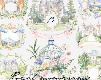 Watercolor Wedding Crests: Royal Monograms, Castle Clipart (PNG Files)