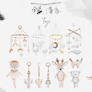 Brinquedos de bebê e móbile, arquivos PNG em aquarela. Clipart de bebê para aniversário. Acessórios fofos para recém-nascidos. Aquarela de veado, gato, arco-íris. Uso comercial.