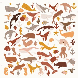 Clipart de animales marinos - Paquete SVG del océano. Clipart de ballenas. Ilustraciones para guarderías infantiles. Mundo submarino. Dibujo abstracto. Animales SVG.