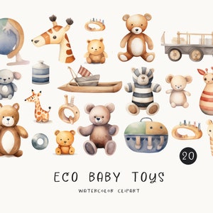 Aquarell Baby Spielzeug Clipart, Boho Baby-Dusche, Neugeborene Kinder PNG-Dateien, digitaler Download Aquarell Kinderzimmer Clipart. Junge, Mädchen Baby Shower