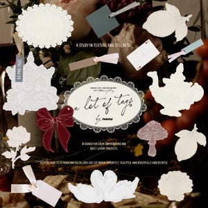 May include: An assortment of paper cut-out tags and decorative elements, including a carousel, bow, and swan. The tags feature the text "a lot of tags by PURPLE" and "80 PNG TAGS". The design is intended for calm compositions and quiet luxury projects.