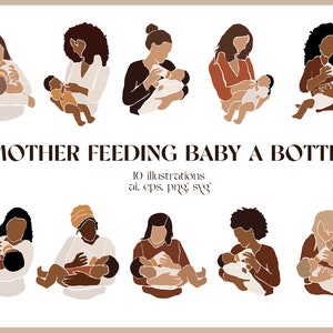 Madre alimentando al bebé con un biberón clipart. Estampados abstractos de la madre. Familia moderna SVG clipart. Imágenes prediseñadas de niños. Ilustraciones de madre y bebé.