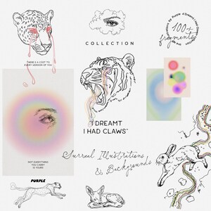 Ilustraciones de arte lineal surrealista y fondos de ensueño: conjunto de imágenes prediseñadas emocionales PNG + JPG, tigre espiritual, ojos, animales y kit de texturas