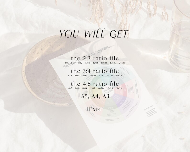 Puede incluir: Una impresi&oacute;n blanca con el texto "YOU WILL GET:" y detalles sobre las proporciones y tama&ntilde;os de los archivos, incluyendo 11"x14". La impresi&oacute;n est&aacute; sobre una superficie blanca, con un fondo borroso.