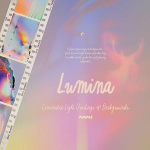 May include: A digital art graphic with a film strip overlay. The image features the word "Lumina" in a glowing script font, with text describing "Cinematic Light Overlays & Backgrounds" in purple. The background has pastel gradients.