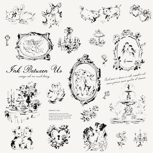 Può includere: Una collezione di illustrazioni vintage in bianco e nero. L'immagine include disegni di cigni, maiali, cherubini, lampadari e ritratti incorniciati. Il testo include "Ink Between Us" e "by PURPLE".
