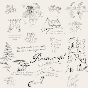 Op de afbeelding: Een verzameling zwarte inkttekeningen met een Schots huisje, een stenen toren, flora, fauna en weerelementen. De tekst bevat 'SCOTTISH MOOD LINE ART COLLECTION', 'A HAND-DRAWN HOMAGE TO SCOTLAND'S WILD BEAUTY', 'PURPLE', 'the rain made minor edits. the view is no longer final.' en 'Rainswept'.