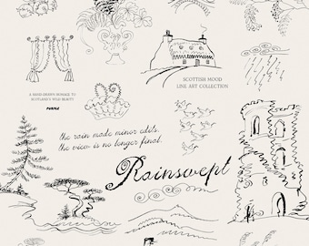 Pacchetto di 90 clipart autunnali in stile line art, illustrazioni autunnali scozzesi disegnate a mano in formato PNG e SVG.