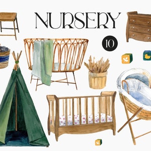 Watercolor Nursery Clipart: Hand-Painted Baby Cribs (PNG)
