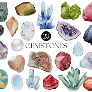 Imágenes prediseñadas de cristales de acuarela, imágenes prediseñadas de piedras preciosas, imágenes prediseñadas bohemias, imágenes prediseñadas digitales de minerales, imágenes prediseñadas de amatista, gemas pintadas a mano, imágenes PNG de acuarela