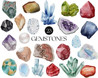 May include: A collection of 23 watercolor illustrations of gemstones, including amethyst, aquamarine, citrine, diamond, emerald, garnet, jade, lapis lazuli, moonstone, opal, pearl, ruby, sapphire, and topaz.