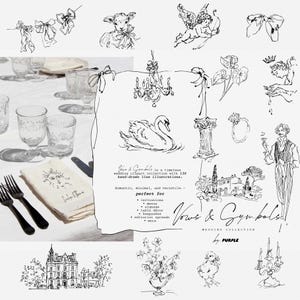 以下が含まれることがあります： 手描きの白黒ウェディングをテーマにしたイラストのコレクション。画像には、白鳥、天使、シャンデリア、フラワーアレンジメントの図が含まれています。画像上のテキストは「Vows & Symbols」と「Wedding Collection by Purple」です。
