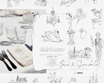 Clipart de boda: 130 ilustraciones de ceremonias vintage dibujadas a mano (Descarga digital PNG/SVG)
