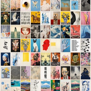 May include: A collage of 100 colourful and abstract paintings. The paintings feature a variety of subjects, including animals, people, landscapes, and still lifes. The paintings are arranged in a grid pattern, and each painting is framed in a white border.