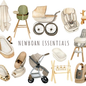 Watercolor nursery Clipart. Baby essentials watercolor collection. Boy, girl Accessories. Baby Shower, newborn PNG.