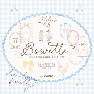 Set di clipart ad acquerello: cornici, nastri e sfondi in stile cottagecore con fiocchi, carta digitale a quadretti, bordi fantasiosi, grafica per inviti di nozze