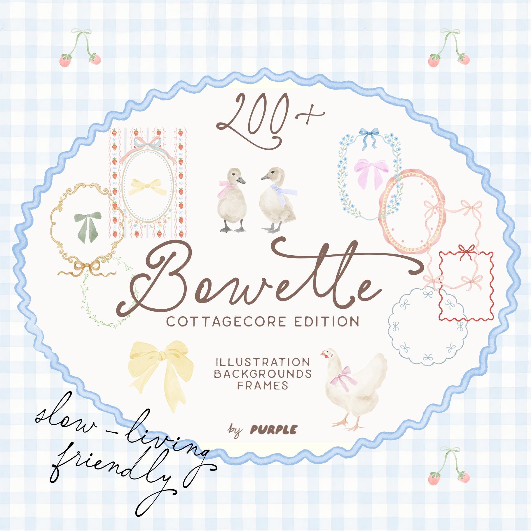 Watercolor Clipart Set – Bow Cottagecore Frames, Ribbons & Backgrounds, Gingham Digital Paper, Whimsical Borders, Wedding Invite Graphics