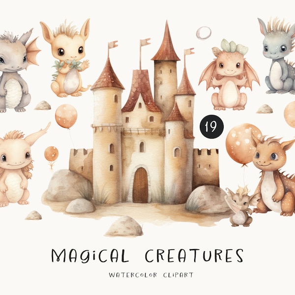 Magical creatures watercolor clipart, cute dragon PNG, nursery DIY wall art, boys clipart, kids party, baby shower illustrations