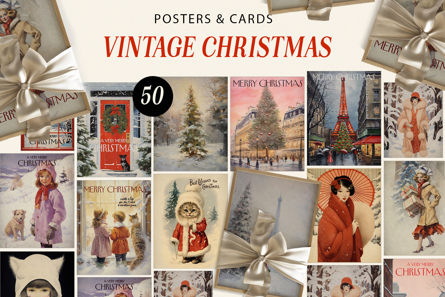 50 Vintage Christmas Card Set: Retro Xmas Posters (commercial Use