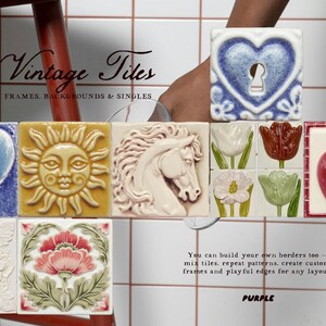 May include: A collection of decorative ceramic tiles with various designs, including a heart with a keyhole, a sun face, a horse, flowers, and an apple. The tiles are in shades of blue, yellow, white, red, and brown. Text on the image reads "Vintage Tiles".