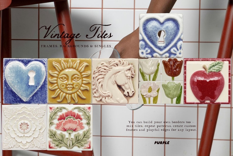 May include: A collection of decorative ceramic tiles with various designs, including a heart with a keyhole, a sun face, a horse, flowers, and an apple. The tiles are in shades of blue, yellow, white, red, and brown. Text on the image reads "Vintage Tiles".