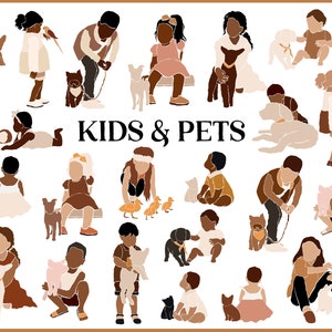 Kinderen en huisdieren clipart SVG. Hondenliefhebbers, kattenliefhebbers. SVG-clipart voor kinderen. Afrikaanse baby-SVG. Abstracte kinderen, huisdier. Babyclipart. Kinderkamerafdrukken