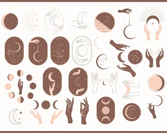 Può includere: Un set di 30 illustrazioni disegnate a mano con lune, stelle e mani in varie pose. Le illustrazioni sono in stile minimalista con una tavolozza di colori marrone e rosa. Le illustrazioni sono perfette per l'uso in progetti digitali o fisici.
