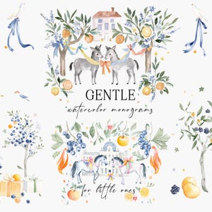 Elegantes Cottagecore Aquarell Monogramm Clipart - Französische Häuser, Pferde, Bänder und Blumen PNG Set